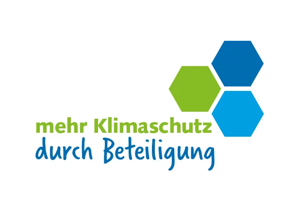 Logo Klimaschutz (grüne Schrift) durch Beteiligung (Blaue Schrift) und 3 Hexagone (Grün, Dunkelblau und Cyan)