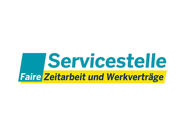 Logo Servicestelle faire Zeitarbeit und Werkverträge in den Farben Petrol, Gelb und Schwarz