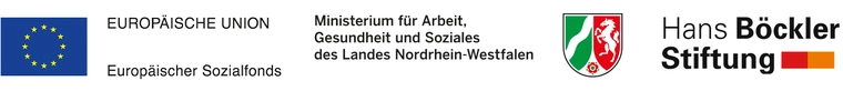 Logos: EU Sozialfonds; Ministerium für Arbeit, Gesundheit und Soziales NRW (MAGS), Hans Böckler Stiftung (HBS)